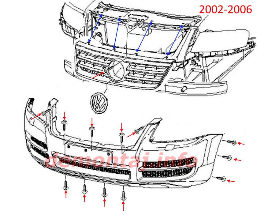 Схема крепления переднего бампера Volkswagen Touareg I 2002-2006