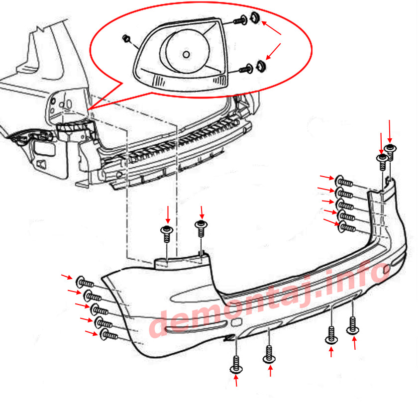 Схема крепления заднего бампера Volkswagen Touareg I 2002-2010 