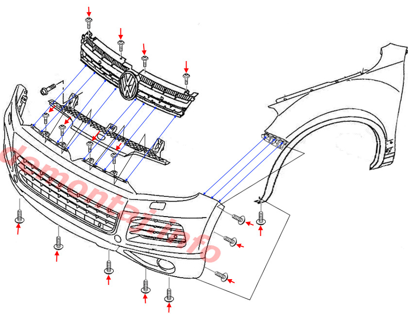 Схема крепления переднего бампера Volkswagen Touareg II 2010-2018 