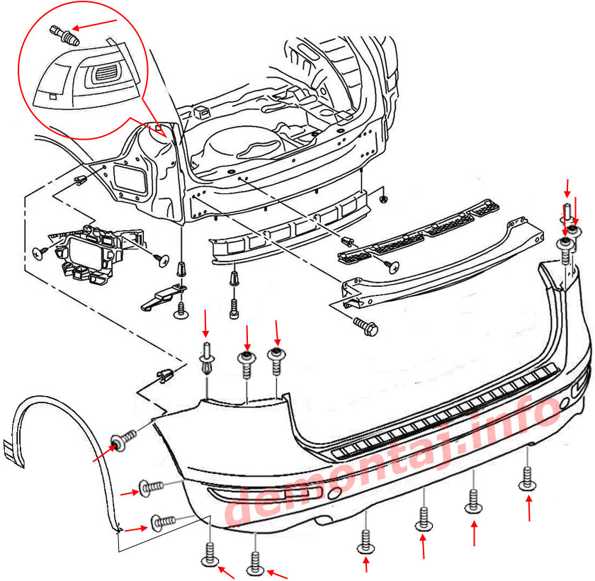 Схема крепления заднего бампера Volkswagen Touareg II 2010-2018 