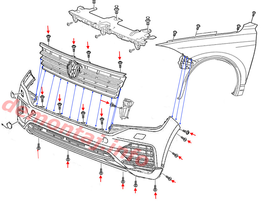 Схема крепления переднего бампера Volkswagen Touareg III 2018-2024 
