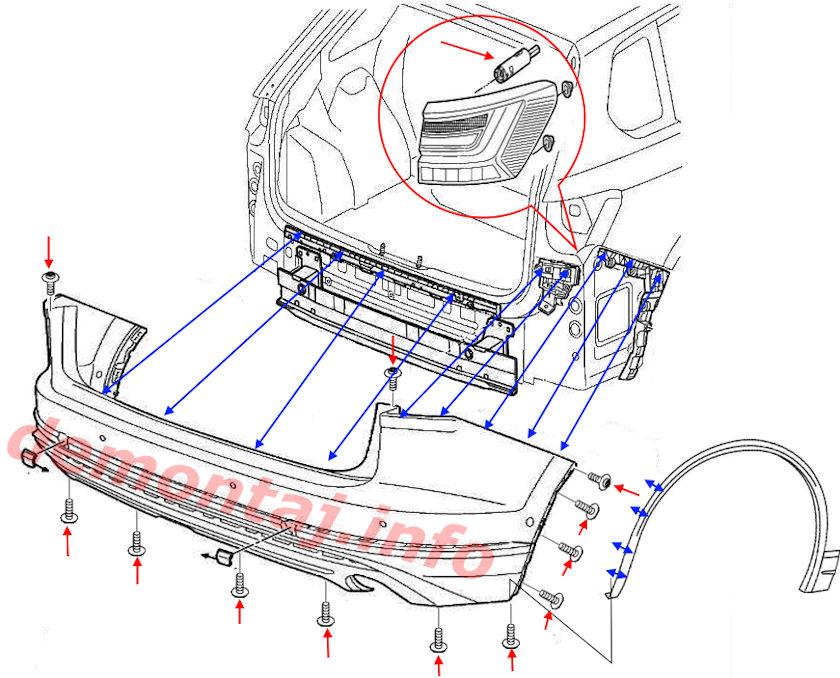 Схема крепления заднего бампера Volkswagen Touareg III 2018-2024 