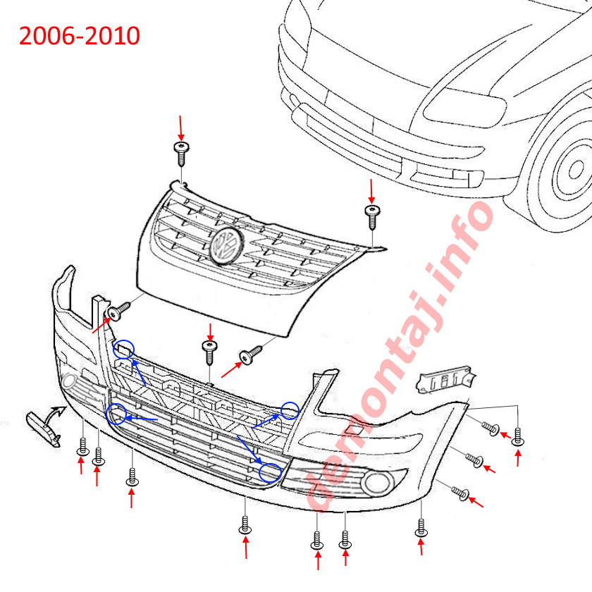 Схема крепления переднего бампера Volkswagen Touran I 2006-2010 