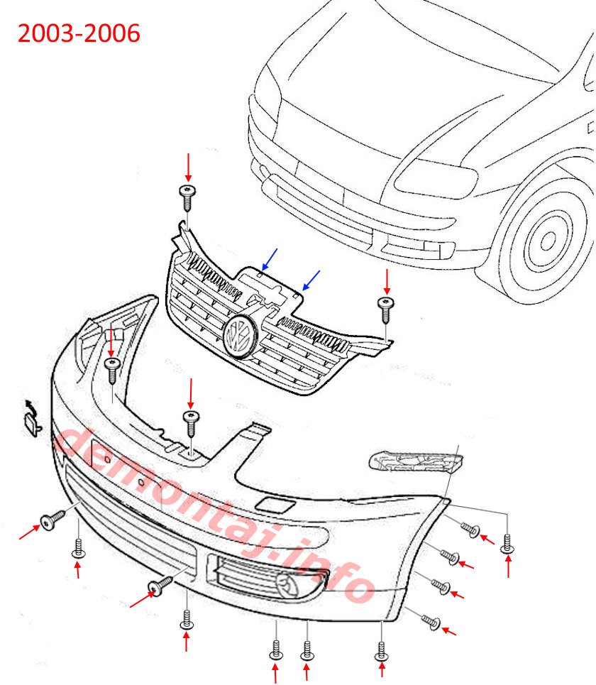 Схема крепления переднего бампера Volkswagen Touran I 2003-2006