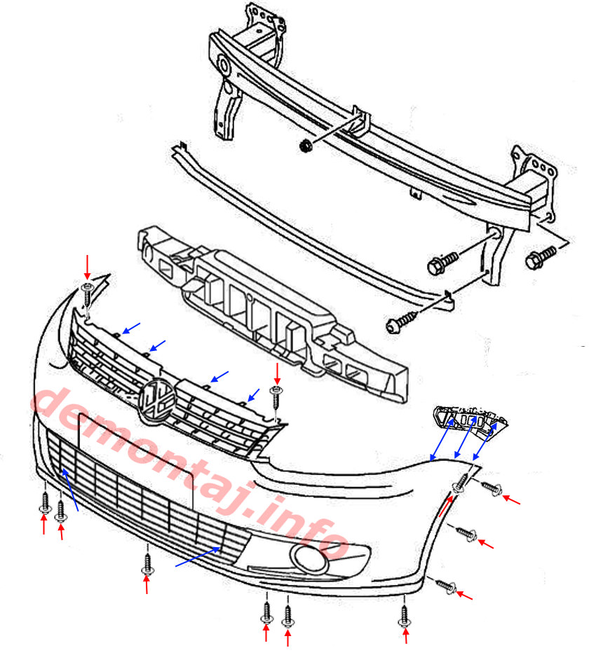 Схема крепления переднего бампера Volkswagen Touran I (рестайлинг 2) 2010-2015 
