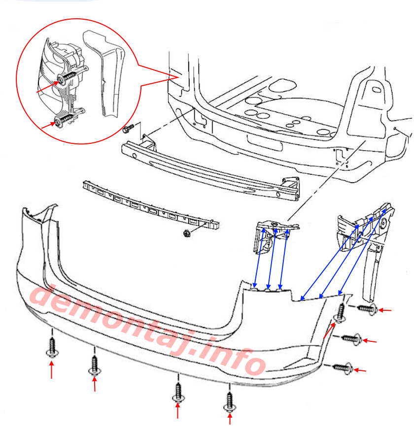 Схема крепления заднего бампера Volkswagen Touran I (рестайлинг 2) 2010-2015 