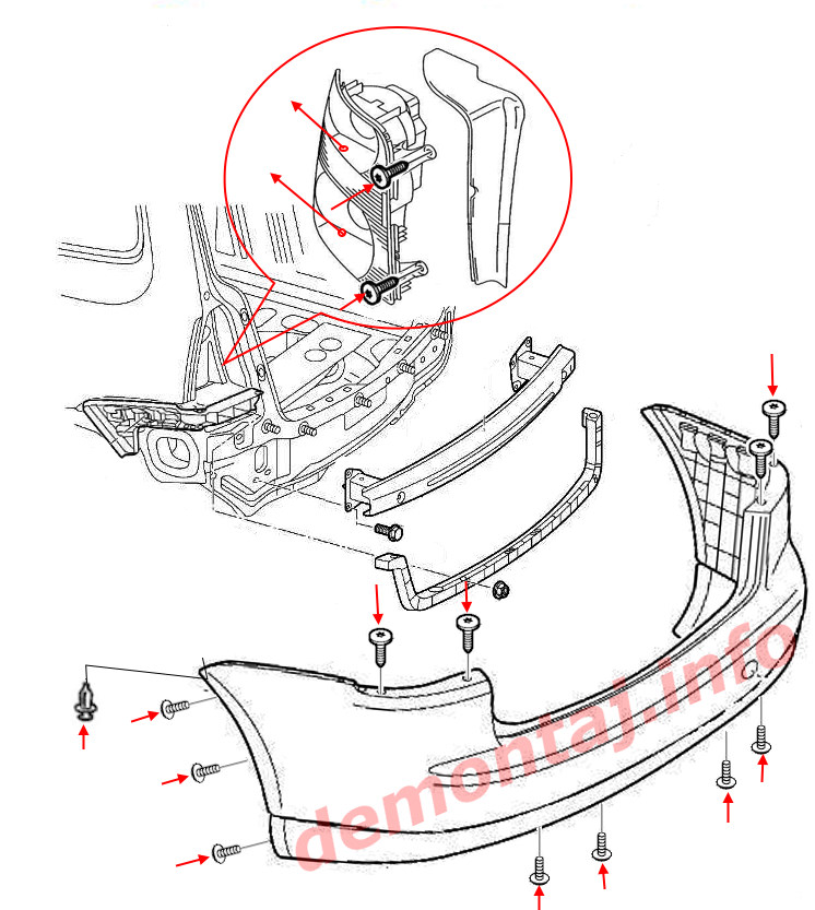 Схема крепления заднего бампера Volkswagen Touran I 2003-2010 