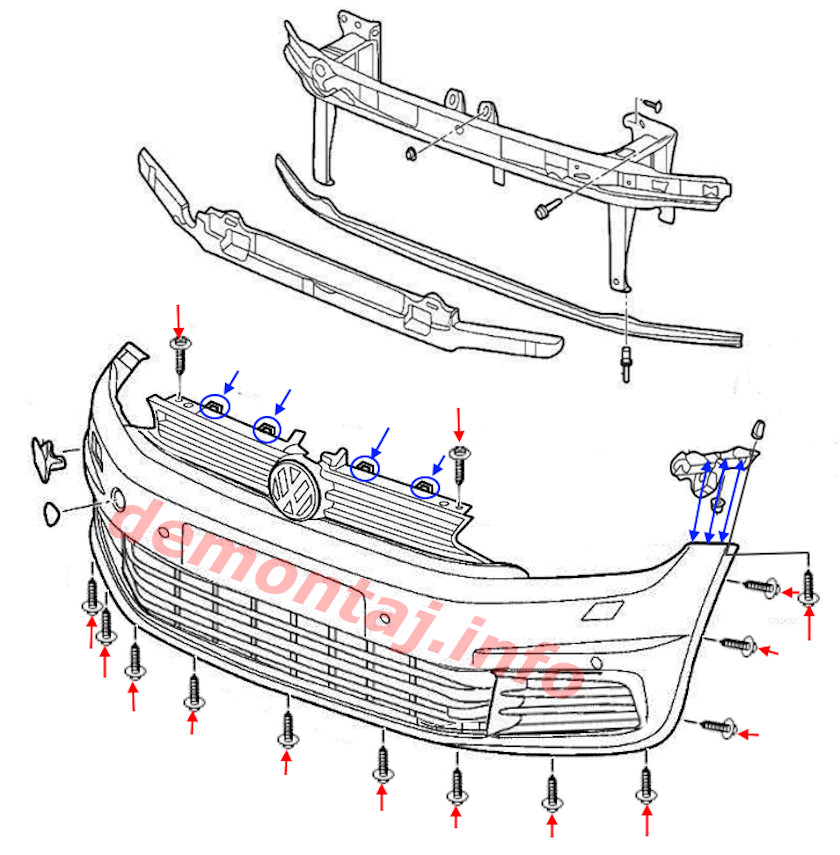 Схема крепления переднего бампера VW Touran 2 2015-2024 