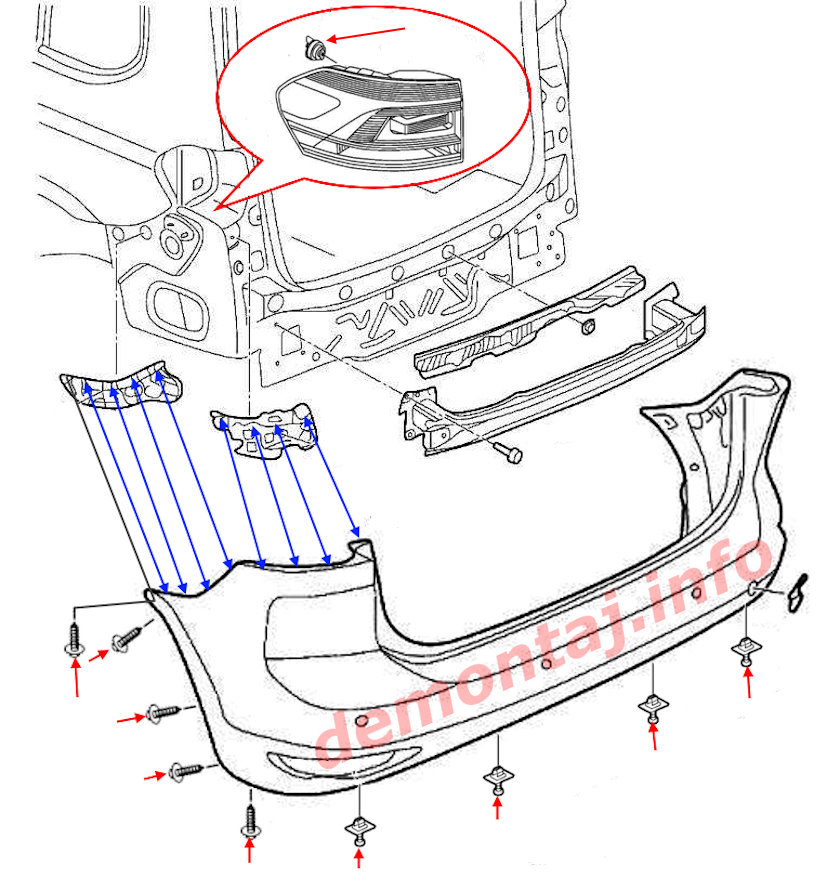 Схема крепления заднего бампера VW Touran 2 2015-2024 