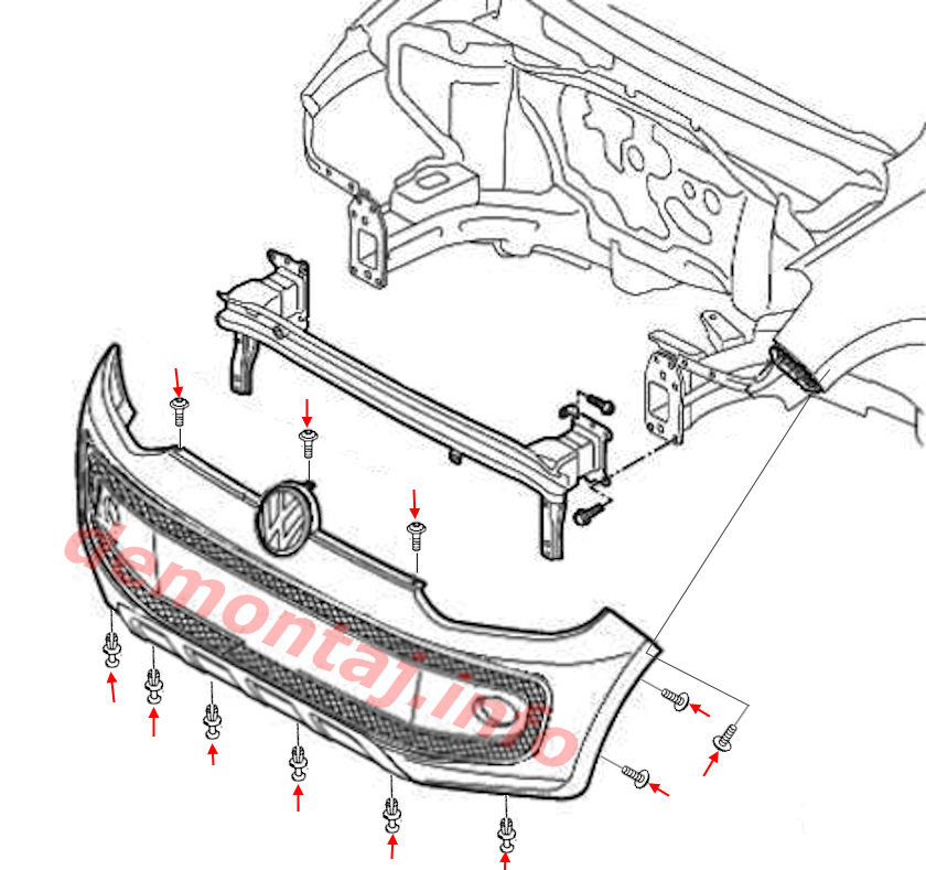 Схема крепления переднего бампера Volkswagen up! 2011-2023 