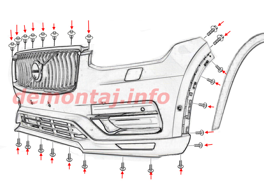 Схема крепления переднего бампера Volvo XC90 II 2015–2024 