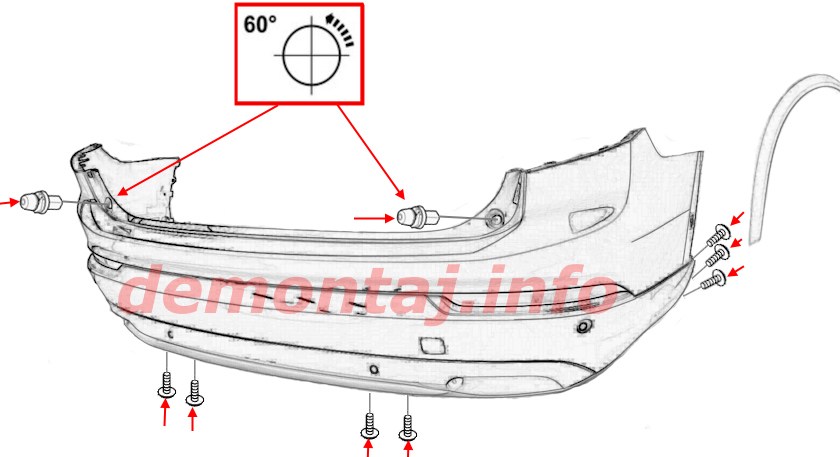 Схема крепления заднего бампера Volvo XC90 II 2015–2024 