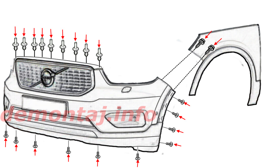Схема крепления переднего бампера Volvo XC40 (C40/EC40/EX40) 2018-2024 