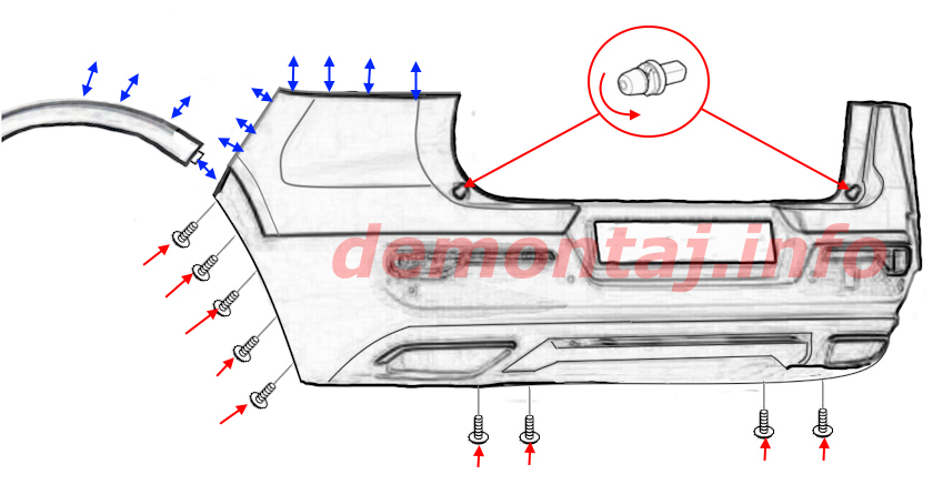 Схема крепления заднего бампера Volvo XC40 (C40/EC40/EX40) 2018-2024 