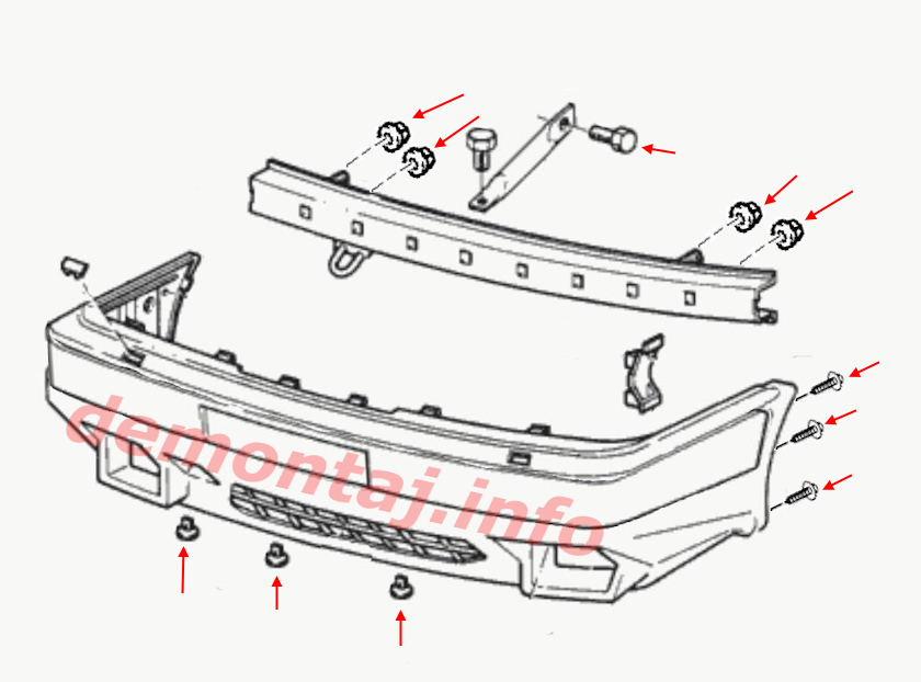 Схема крепления переднего бампера Volvo 440/460 1988-1996 