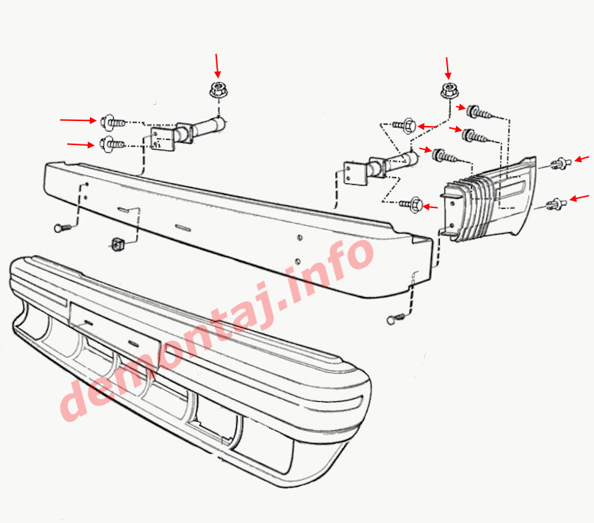 Схема крепления переднего бампера Volvo 740/760/780 1982-1992 