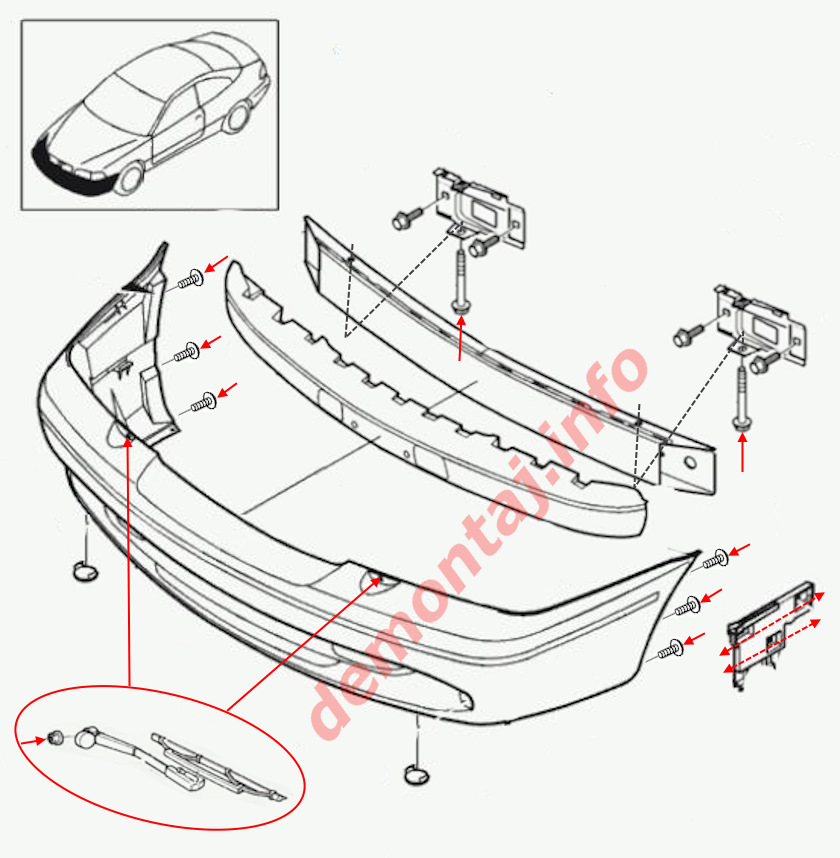 Схема крепления переднего бампера Volvo C70 I 1996–2005 