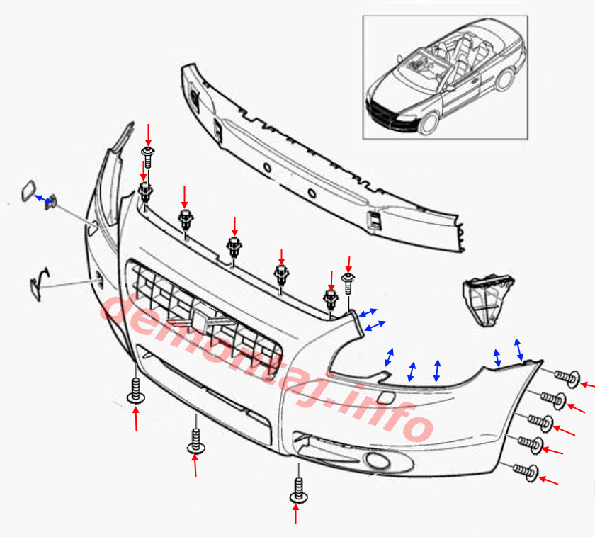 Схема крепления переднего бампера Volvo C70 II 2006–2013 