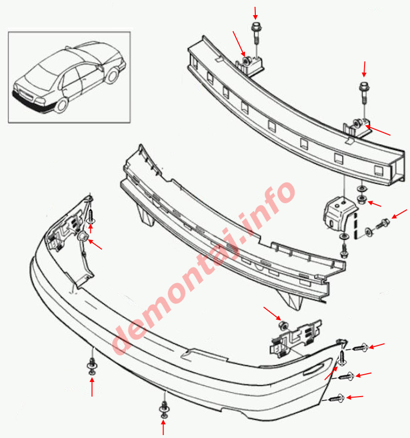 Схема крепления заднего бампера S40 (V40) I 1995–2004 