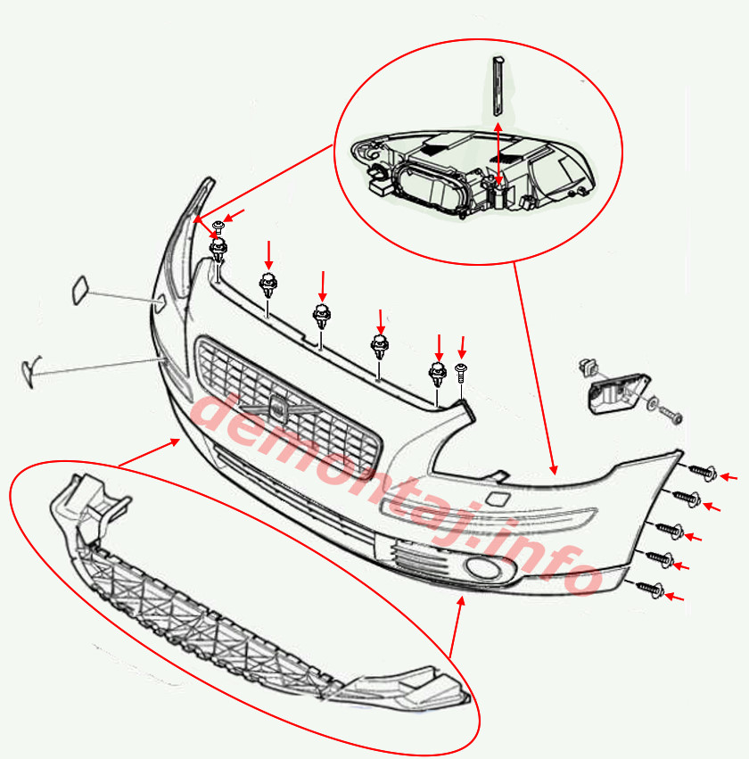 Схема крепления переднего бампера Volvo S40 (V50) II 2003–2012 