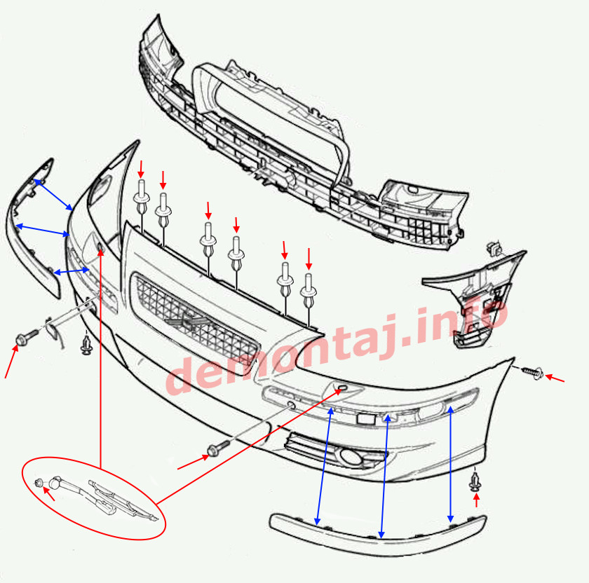 Схема крепления переднего бампера Volvo S60 (V70/XC70)  2000–2009 