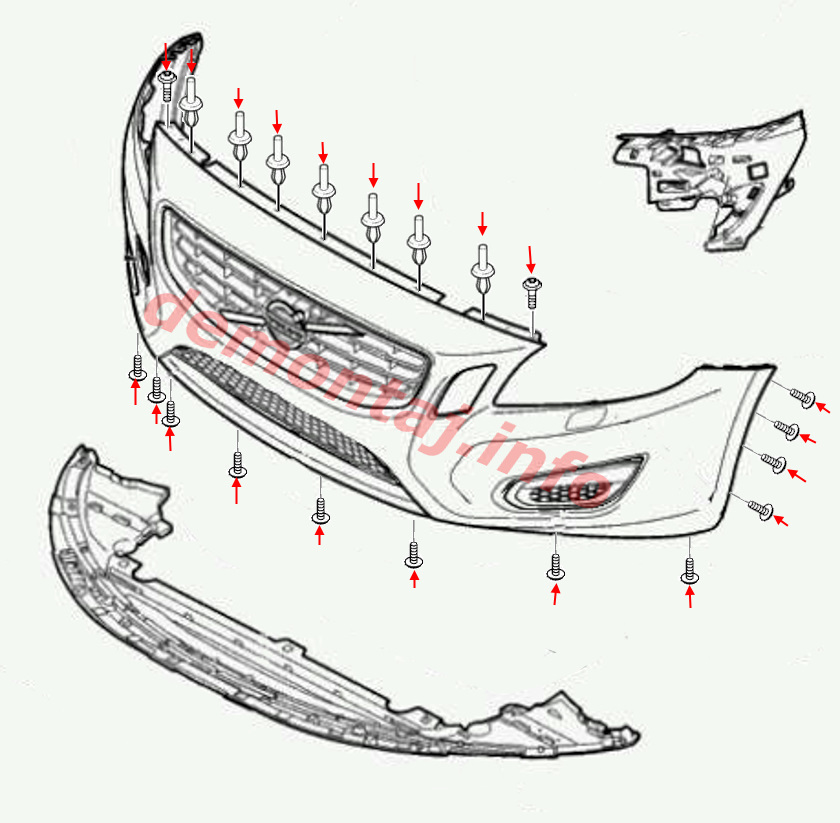 Схема крепления переднего бампера Volvo S60 II /V60 I 2010–2018 