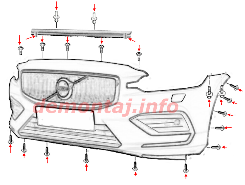Схема крепления переднего бампера Volvo S60 3 / V60 2 2018-2024 