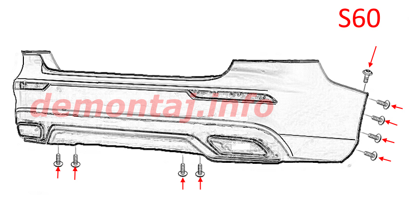 Схеме крепления заднего бампера Volvo S60 3 2018-2024 