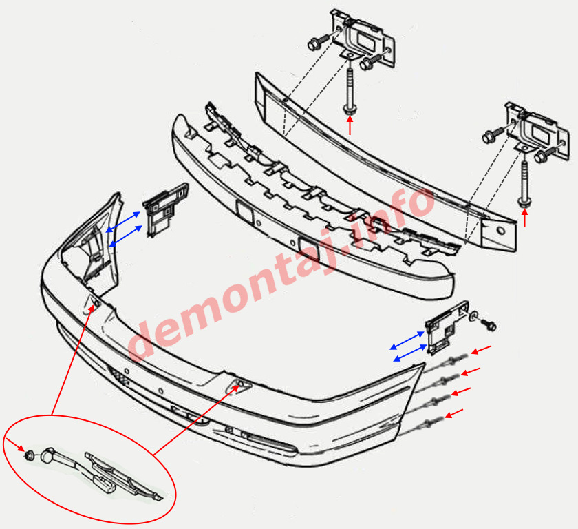 Схема крепления переднего бампера Volvo S70 (V70) 1997-2000 