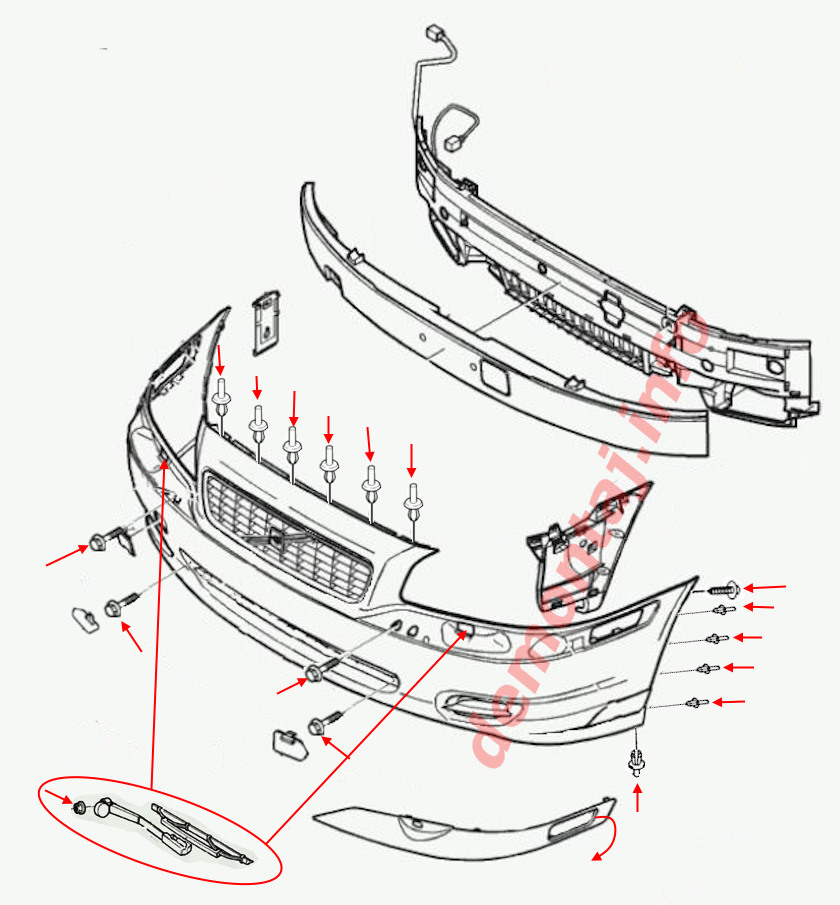 Схема крепления переднего бампера Volvo S80 I 1998-2006 