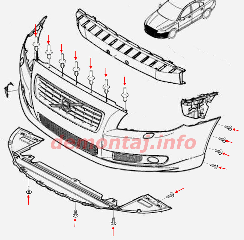 Схема крепления переднего бампера Volvo S80 II / V70 III 2006-2016 