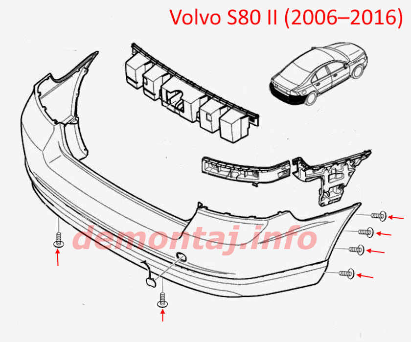 Схема крепления заднего бампера Volvo S80 II 2006-2016 