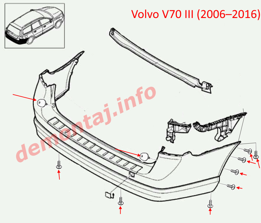 Схема крепления заднего бампера Volvo V70 III 2006-2016 