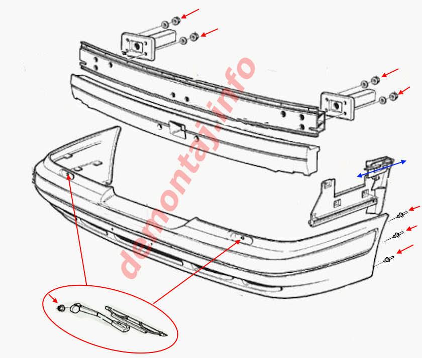 Схема крепления переднего бампера Volvo S90 I / V90 I 1997-1998 