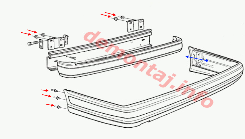 Схема крепления заднего бампера Volvo S90 I / V90 I 1997-1998 