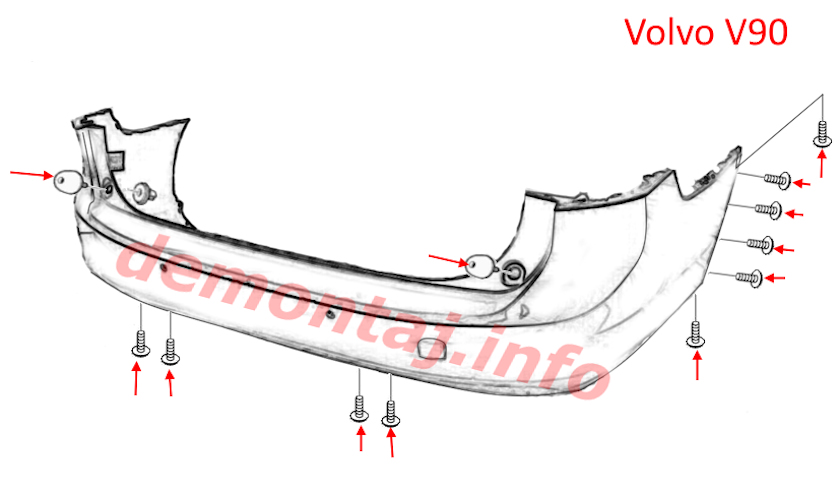 Схема крепления заднего бампера Volvo V90 II 2016-2024 