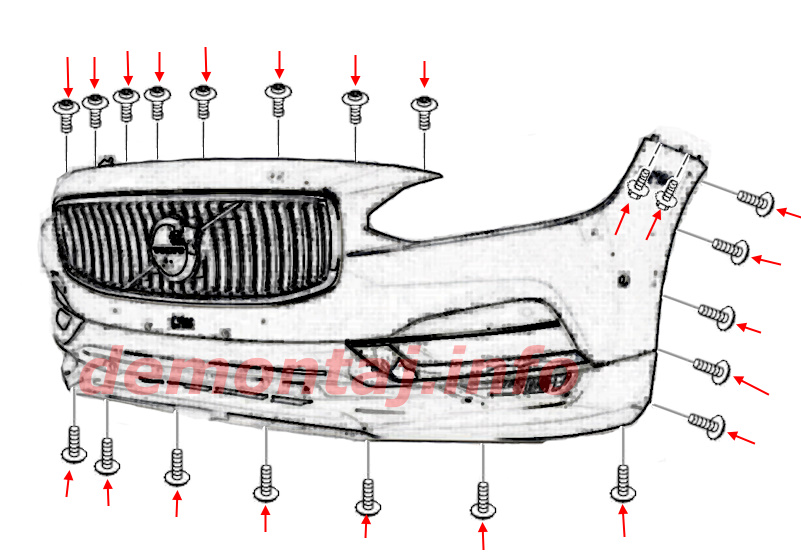 Схема крепления переднего бампера Volvo S90 II / V90 II 2016-2024 