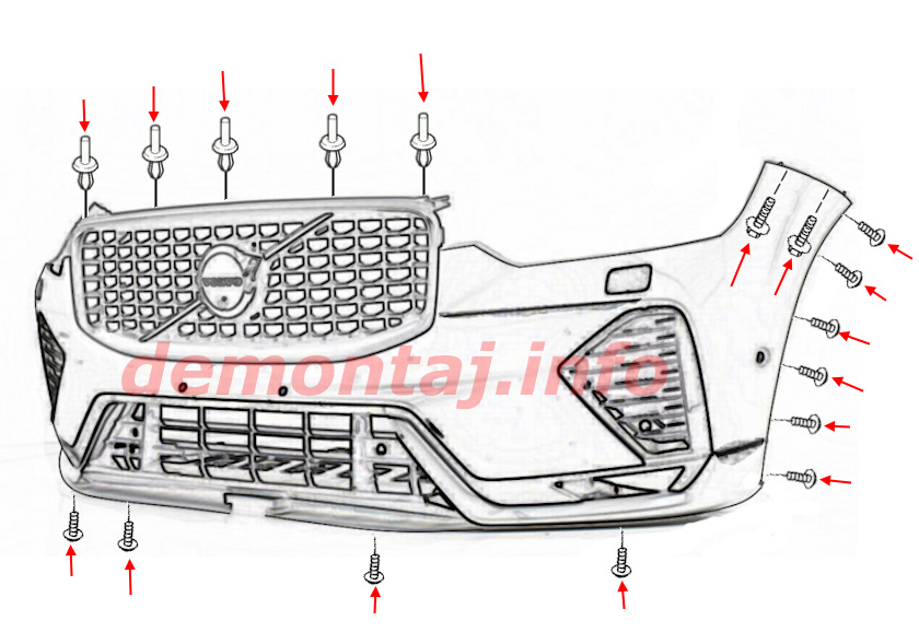 Схема крепления переднего бампера Volvo XC60 II 2017-2024 