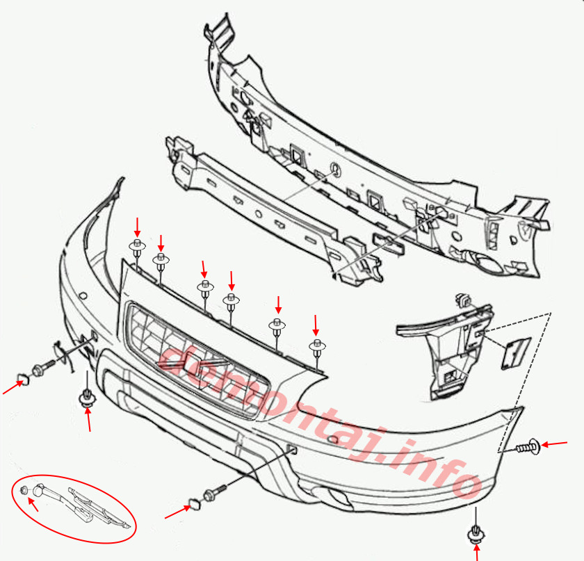 Схема крепления переднего бампера Volvo XC70 I 2000-2007 