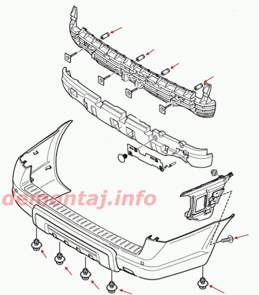 Схема крепления заднего бампера Volvo XC70 I 2000-2007 