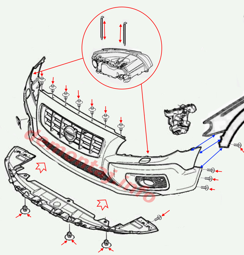 Схема крепления переднего бампера Volvo XC70 II 2007-2016 