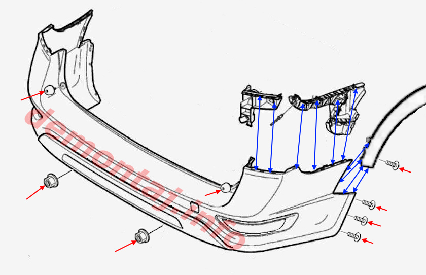 Схема крепления заднего бампера Volvo XC70 II 2007-2016 