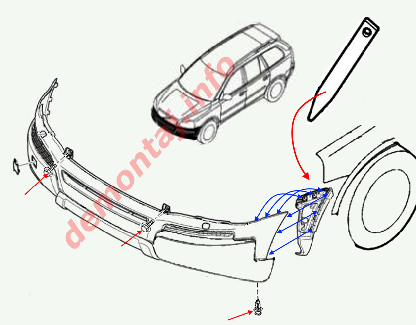 Схема крепления переднего бампера Volvo XC90 I 2002-2014 